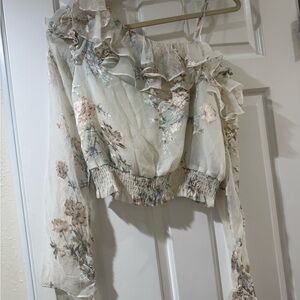 Astr Floral Ruffle Blouse in Cream and Blue